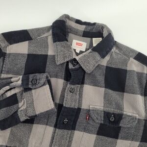 Levis Mens Medium Buffalo Plaid Flannel Shirt Gray Black Long Sleeve Button Up